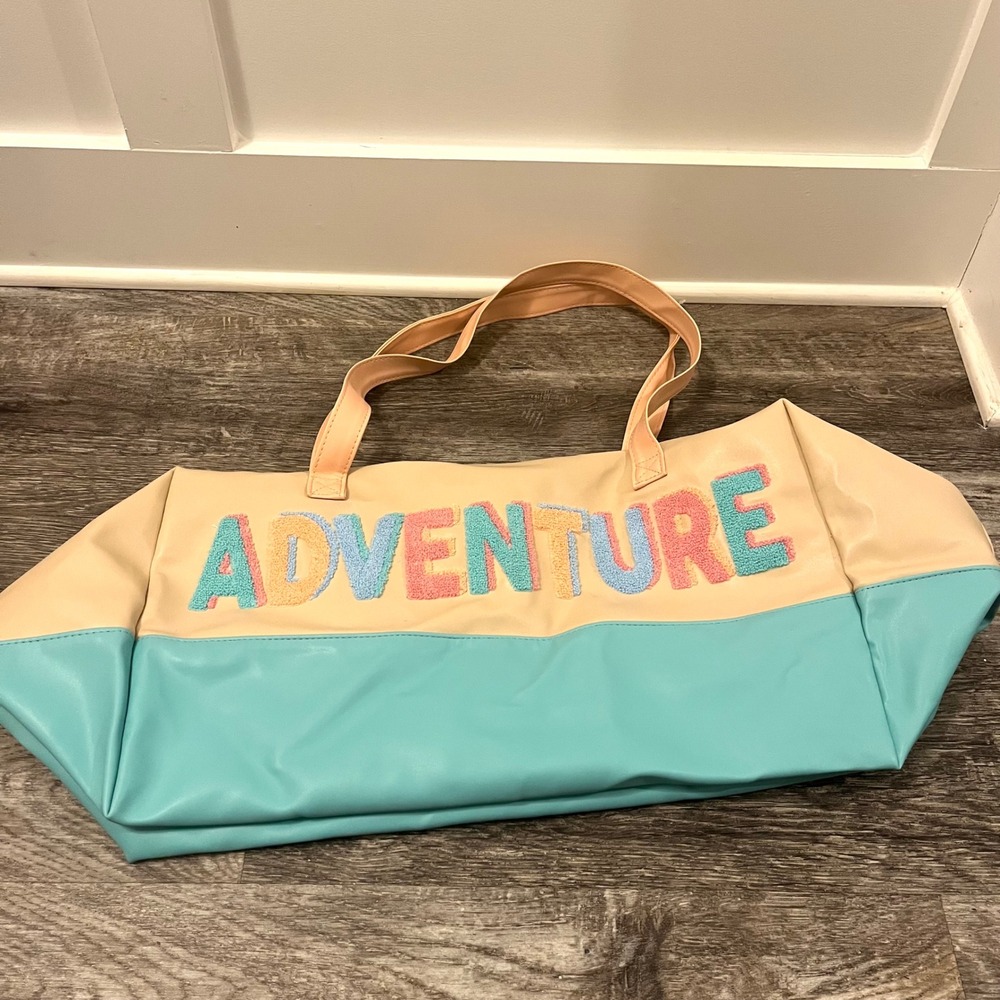 Jadelynn Brooke Adventure Chenille Patch Duffle Bag Cream Aqua Large Weekend Bag